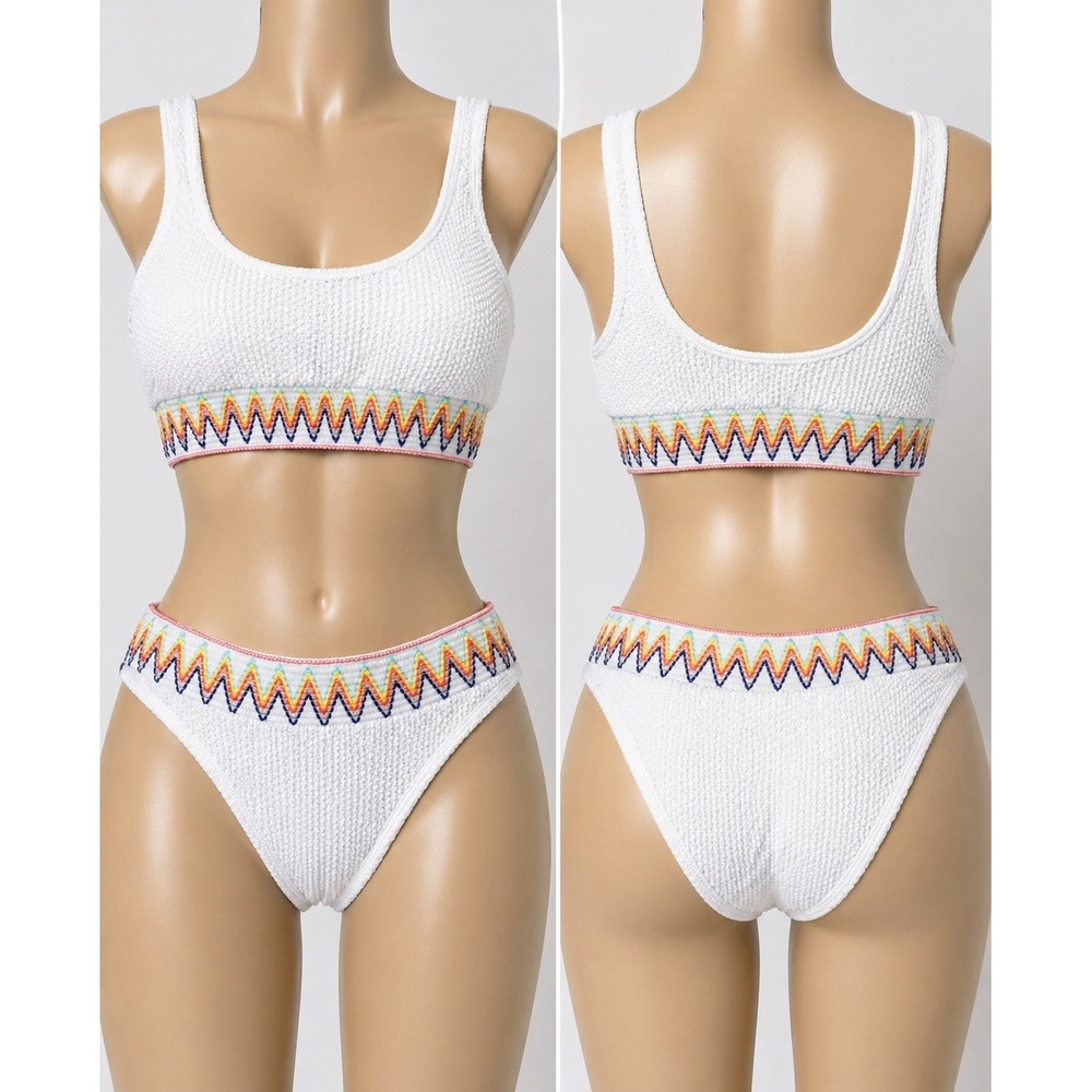 Womens Crinkle Smocked Bikini Set Swimsuit M White Rainbow Zig Zag High Waisted